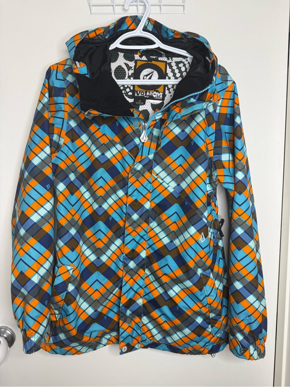 Women's Volcom Blue & Orange Plaid Hooded Winter Jacket Size Medium